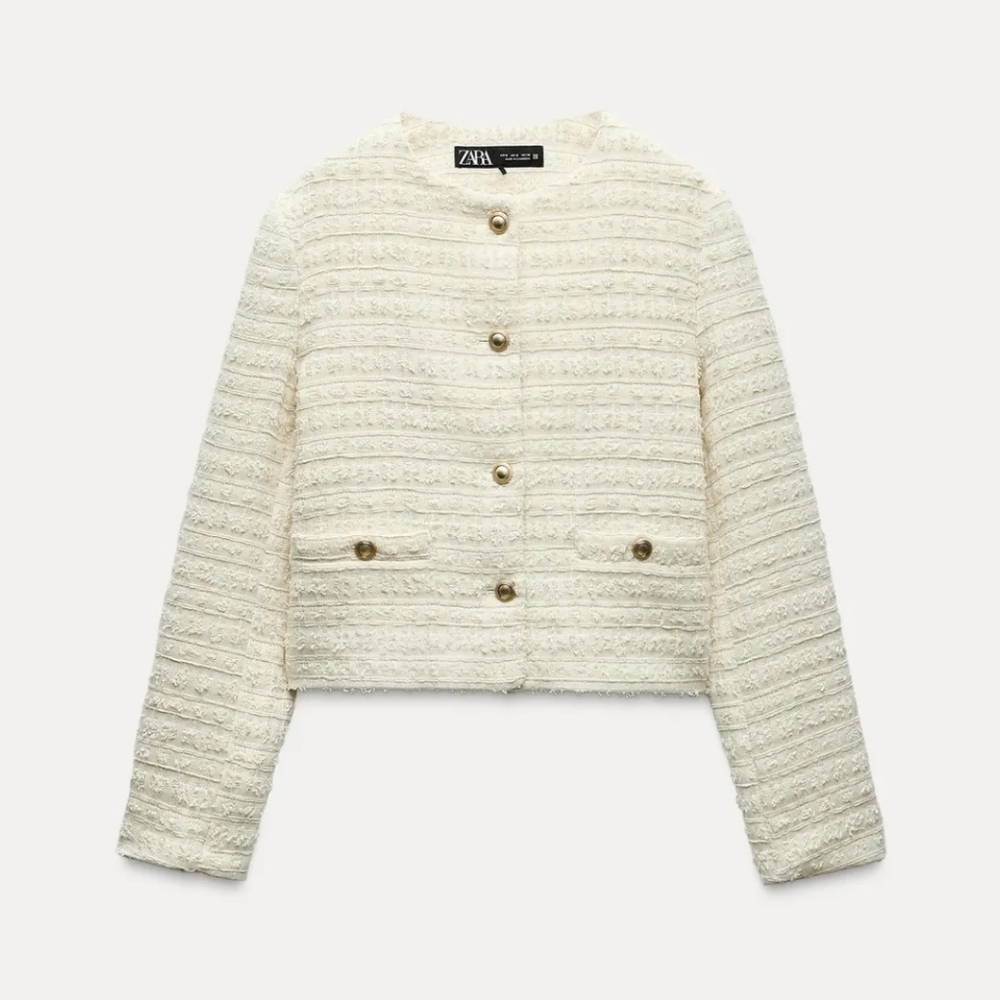 Zara Ivory Textured Blazer with Gold Accents, Size large